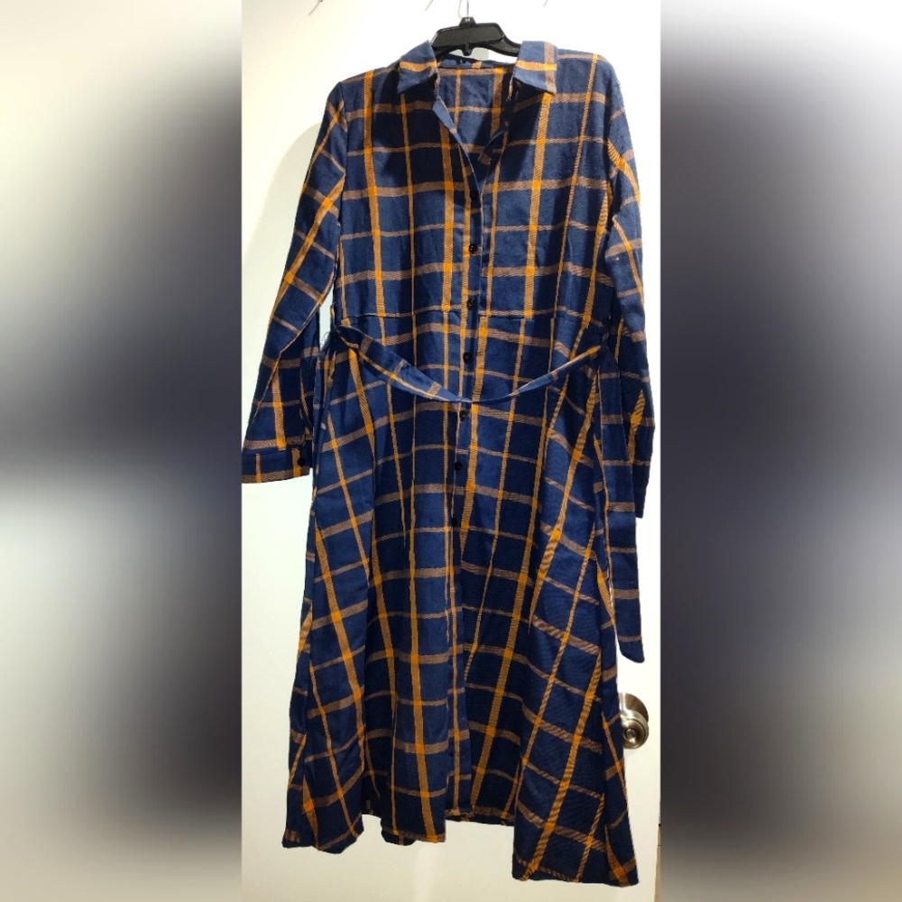 Blue and Orange Peplum Shirt Dress with Mandarin Collar